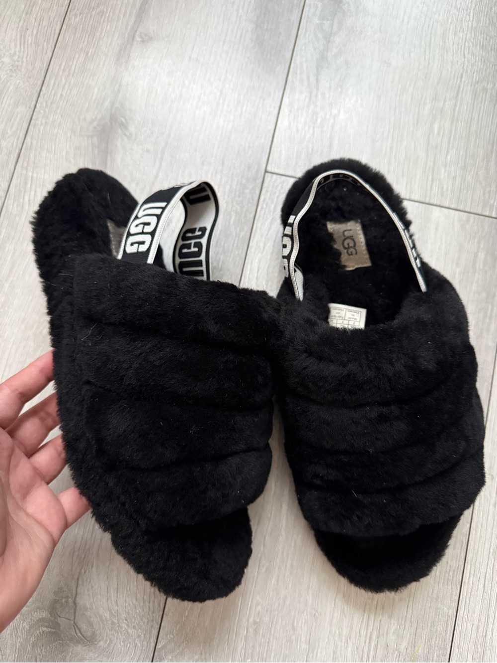 UGG Women's Black Fuzzy Slide Sandals with Branded Elastic Strap
